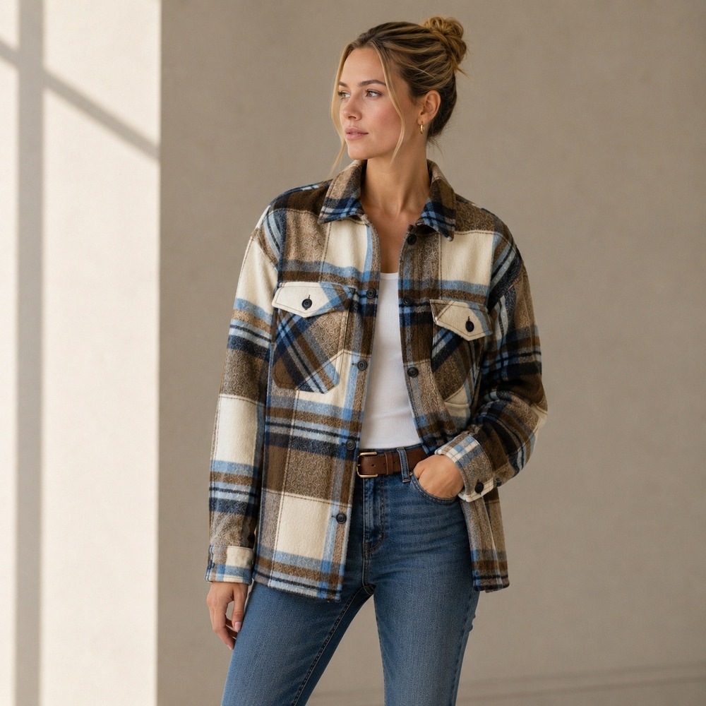 Zara Plaid Shacket Womens XS Brown Blue Italian Fabric Oversized Shirt Jacket